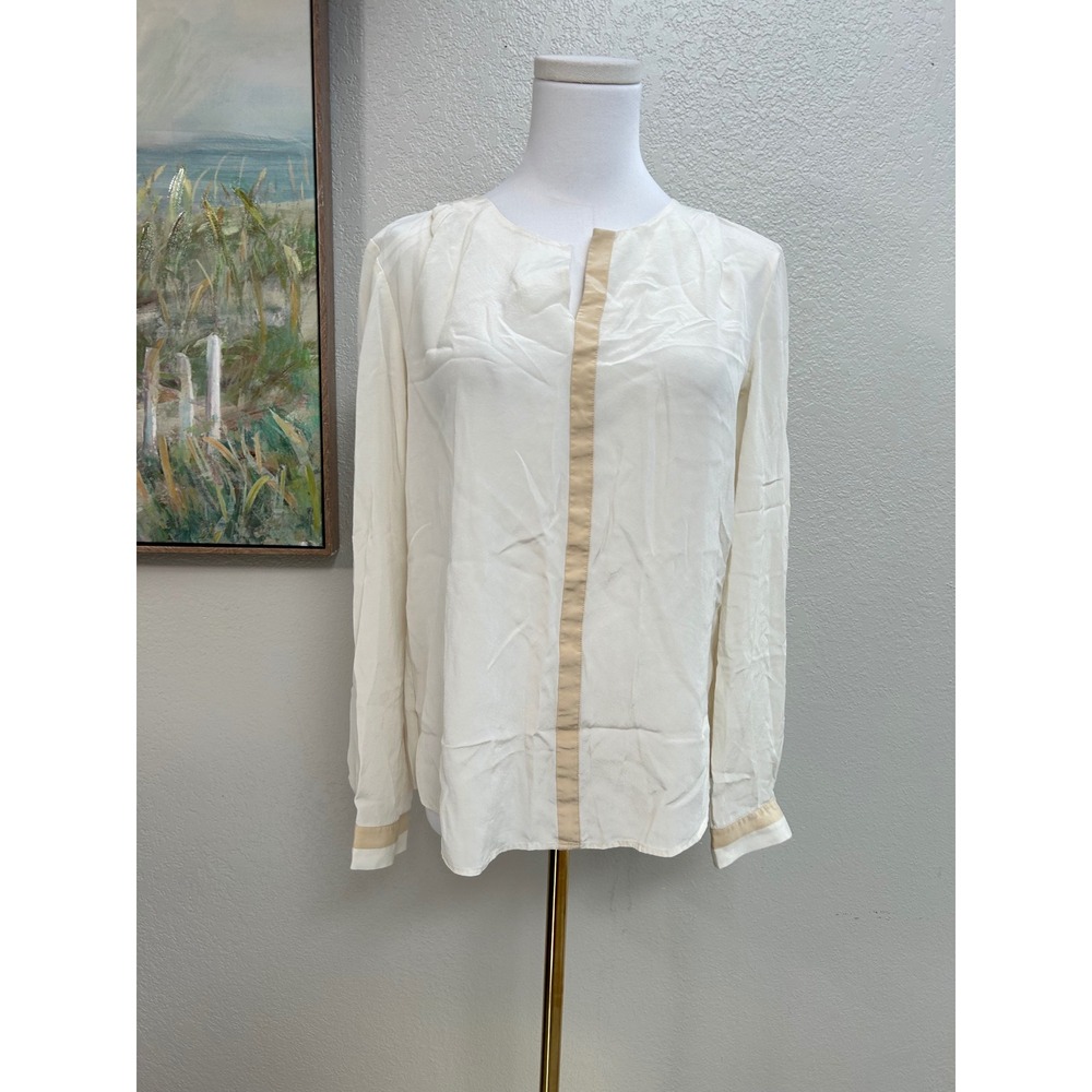 Antonio Melani Womens Cream 100% Silk Long Sleeve Contrast Trim Blouse Small